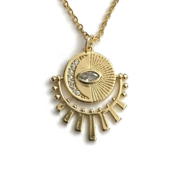 gold evil eye cubic zirconia crescent moon sunburst medallion necklace