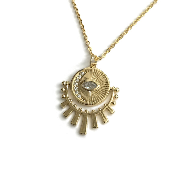 gold evil eye cz sun crescent moon medallion necklace