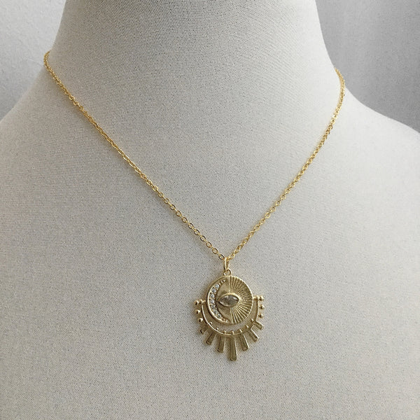 gold evil eye coin sun crescent moon celestial medallion necklace
