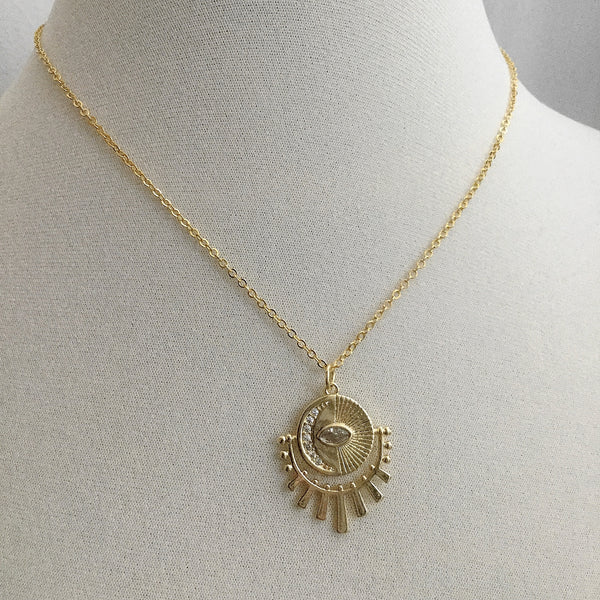 gold evil eye cubic zirconia sun moon necklace
