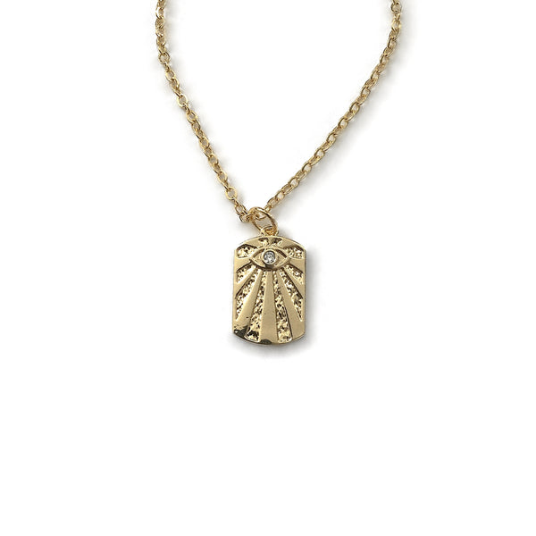 gold evil eye sun cz rectangle tag charm pendant necklace