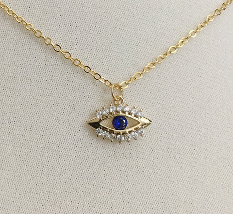 gold evil eye blue faceted cubic zirconia necklace