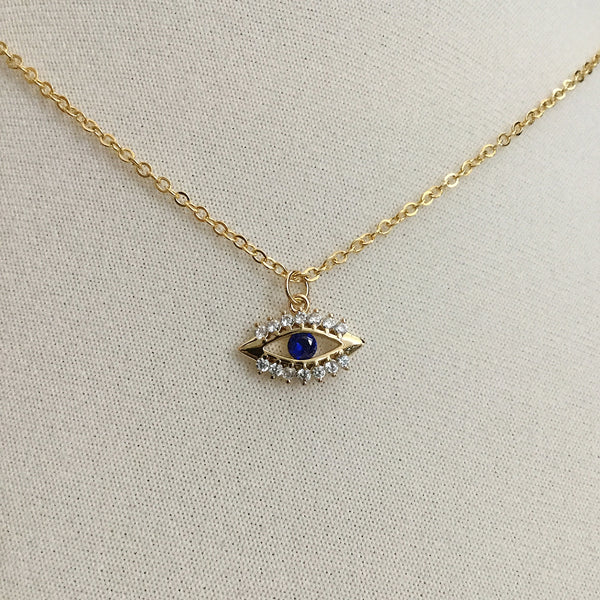 gold evil eye teardrop cz white blue cubic zirconia necklace