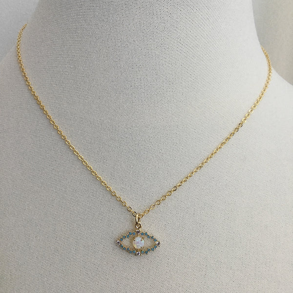 gold evil eye turquoise gemstone opal CZ necklace