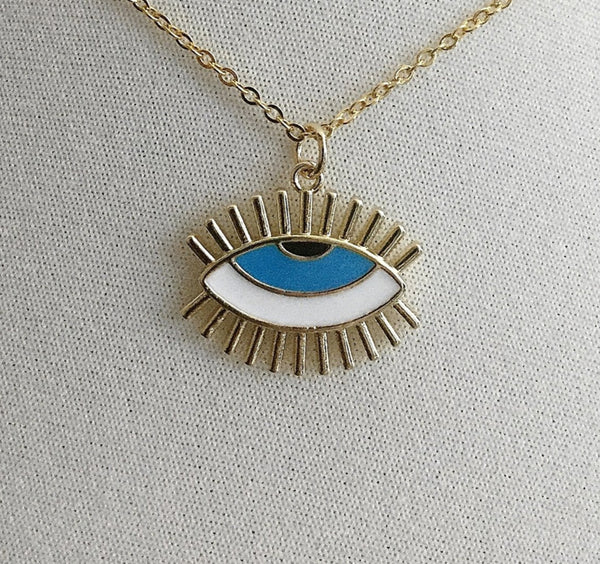 gold evil eye enamel art deco necklace