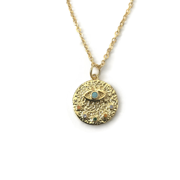 gold evil eye coin medallion colourful cubic zirconia stones turquoise necklace