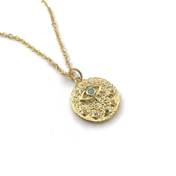 gold evil eye medallion turquoise cz necklace