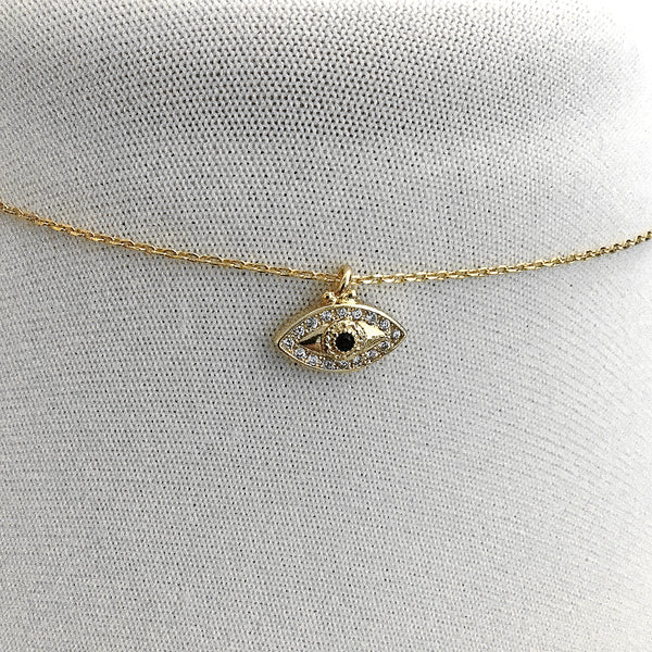 tiny gold evil eye cubic zirconia medallion necklace