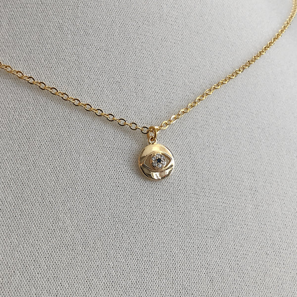 Tiny Gold Evil Eye Cubic Zirconia Coin Necklace