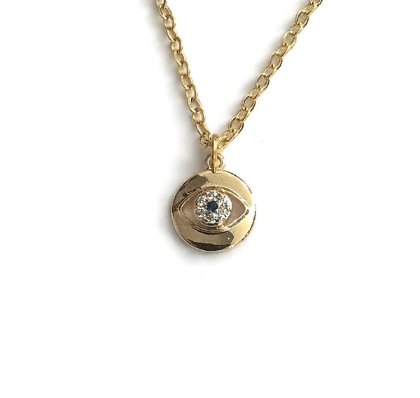 gold evil eye round coin cubic zirconia necklace