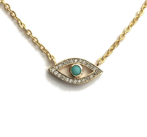 gold tiny evil eye cubic zirconia turquoise stone necklace