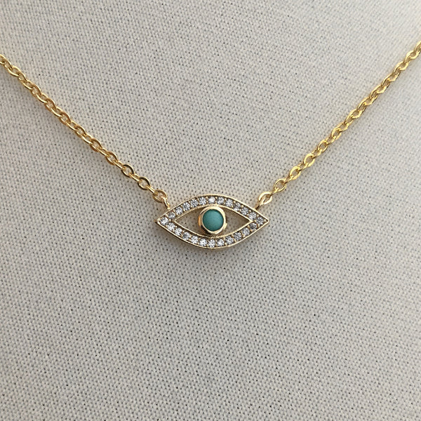 gold evil eye tiny turquoise stone necklace