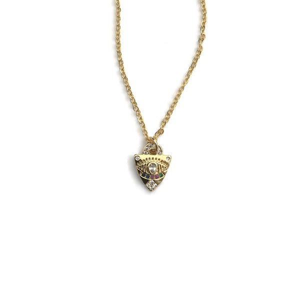 gold evil eye cz triangle pendant medallion necklace