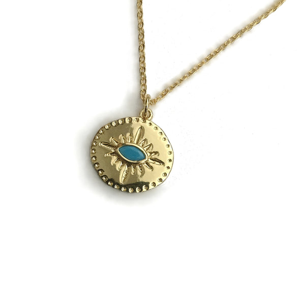 gold evil eye turquoise gemstone medallion coin necklace