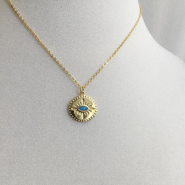 gold evil eye turquoise gemstone coin necklace