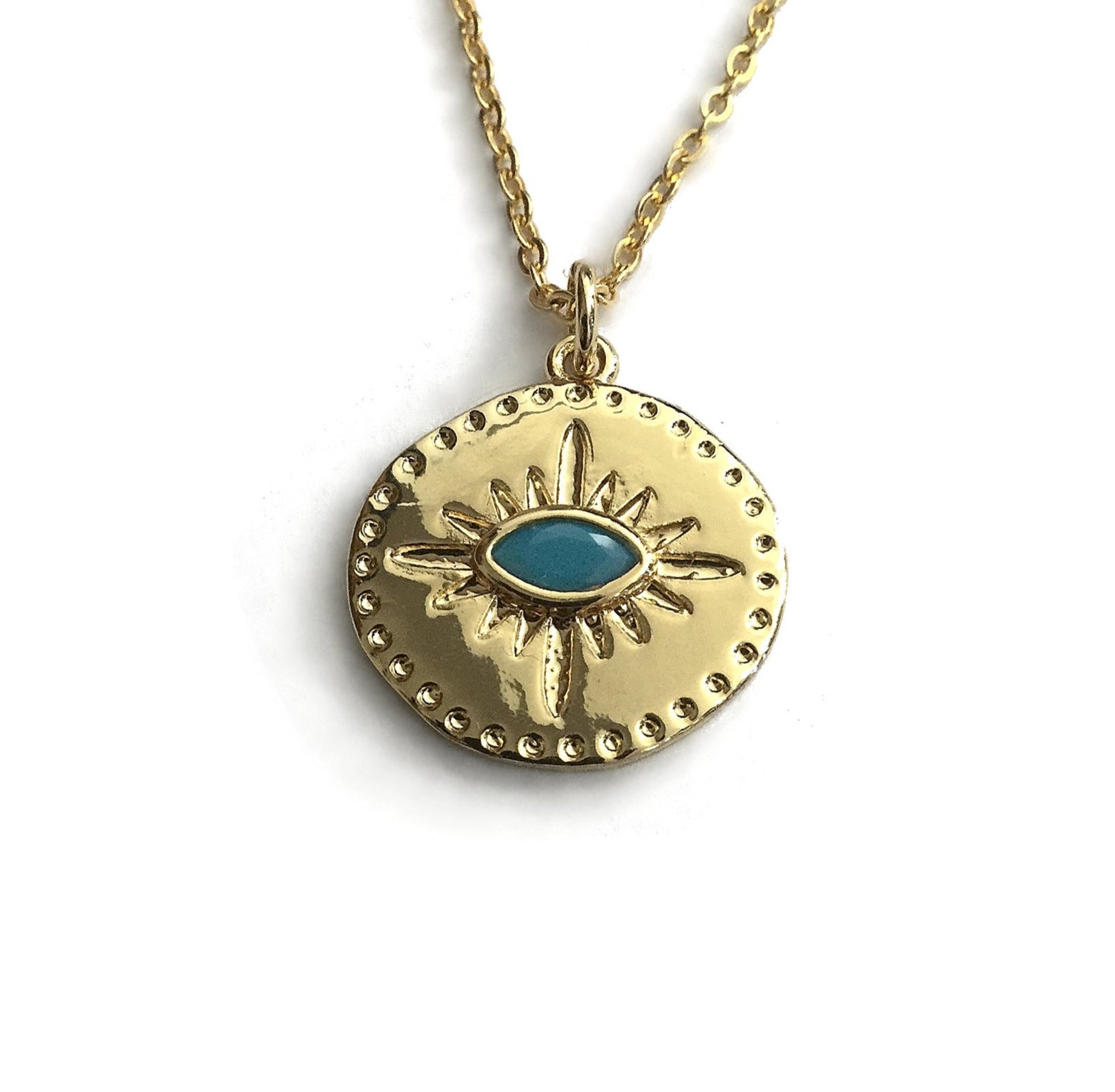 gold evil eye turquoise gemstone medallion necklace
