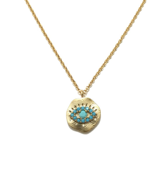 Gold plated evil eye with a small turquoise stone pendant necklace