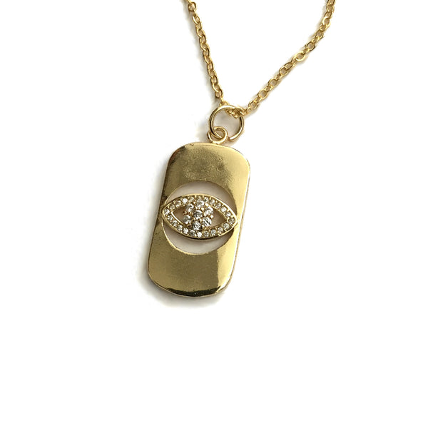 gold evil eye tag cubic zirconia necklace