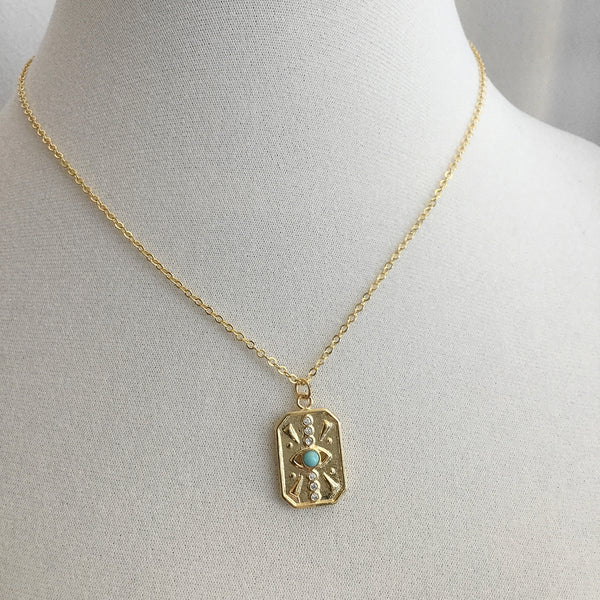 gold evil eye cubic zirconia rectangle tag turquoise necklace