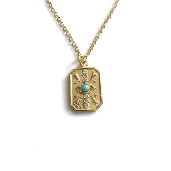 evil eye gold howlite turquoise rectangle tag cz necklace