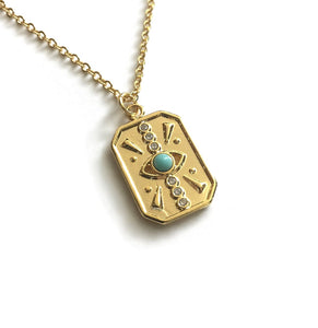 gold evil eye rectangle tag medallion turquoise necklace