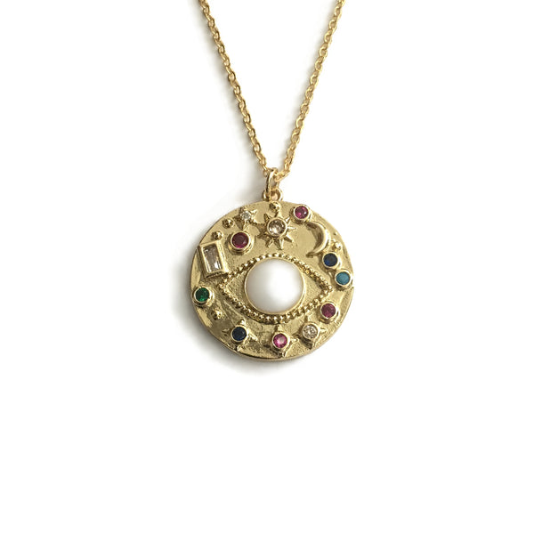 gold evil eye cubic zirconia stone coin necklace