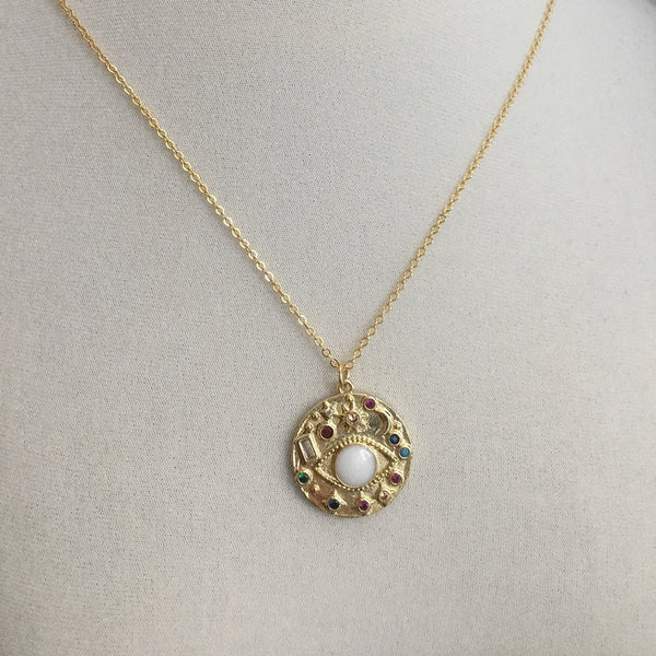gold evil eye medallion cubic zirconia colorful pendant