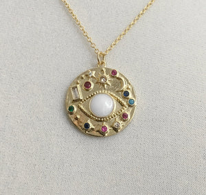 gold colorful cubic zirconia celestial evil eye necklace