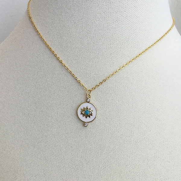 gold evil eye cz turquoise round coin necklace