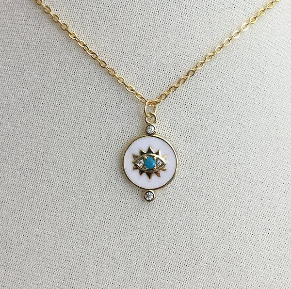 gold evil eye coin cubic zirconia turquoise necklace