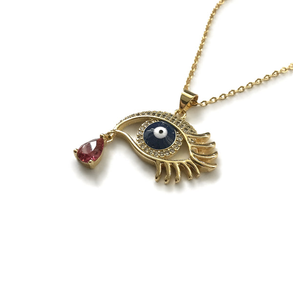 gold evil eye cz garnet teardrop necklace