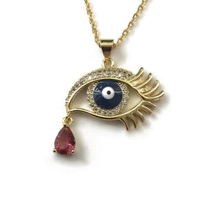 gold evil eye cubic zirconia blue enamel garnet cz teardrop necklace