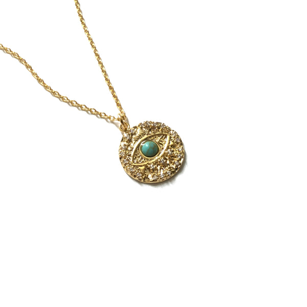 Evil eye cubic zirconia diamond with turquoise coin Necklace