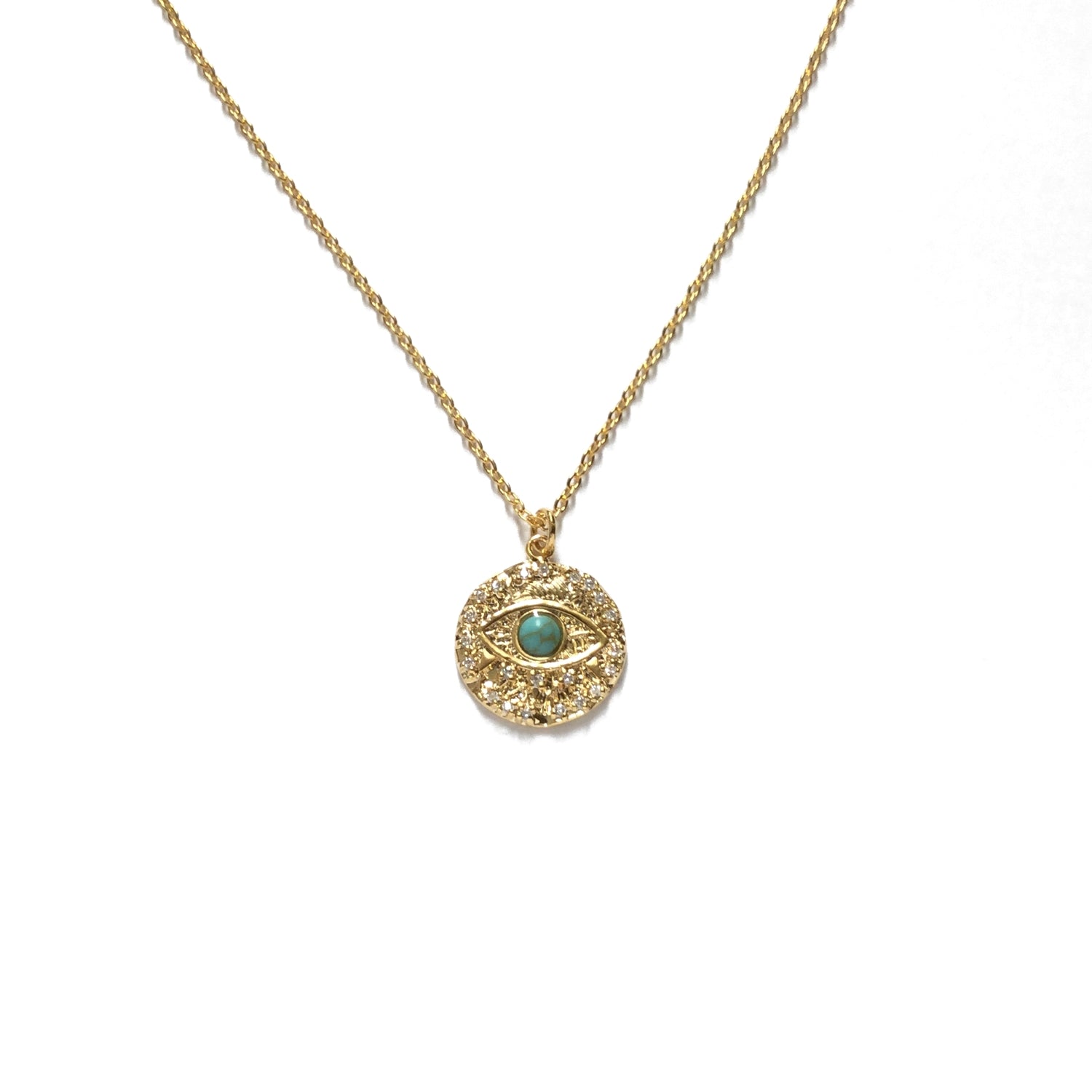 Gold plated evil eye cubic zirconia diamonds with turquoise stone medallion necklace