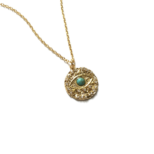 Gold plated evil eye with tiny cubic zirconia and turquoise medallion coin necklace