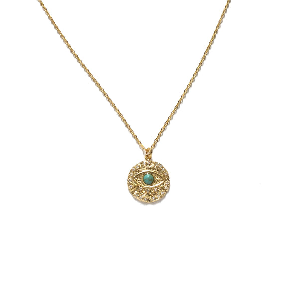 Gold plated evil eye medallion with a tiny turquoise stone in the centre necklace