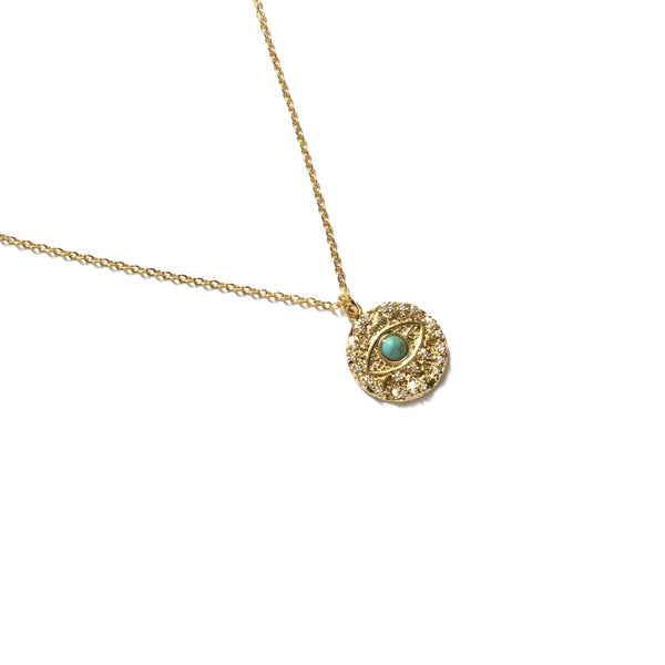 Evil eye cubic zirconia diamond with turquoise coin Necklace