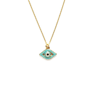 gold plated evil eye with tiny turquoise bead necklace