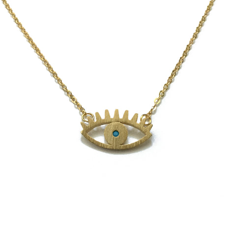 Gold plated matte evil eye with a tiny turquoise bead in the centre pendant necklace