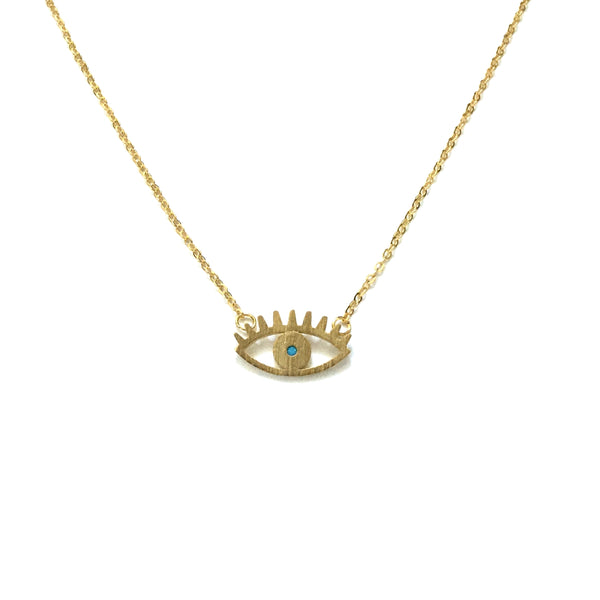 Gold evil eye matte with a tiny turquoise pendant necklace