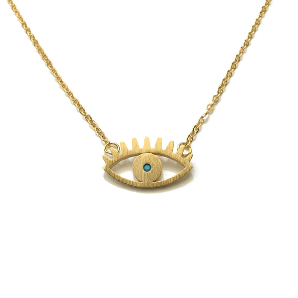 Evil eye shaped gold plated matte pendant with a tiny turquoise bead necklace