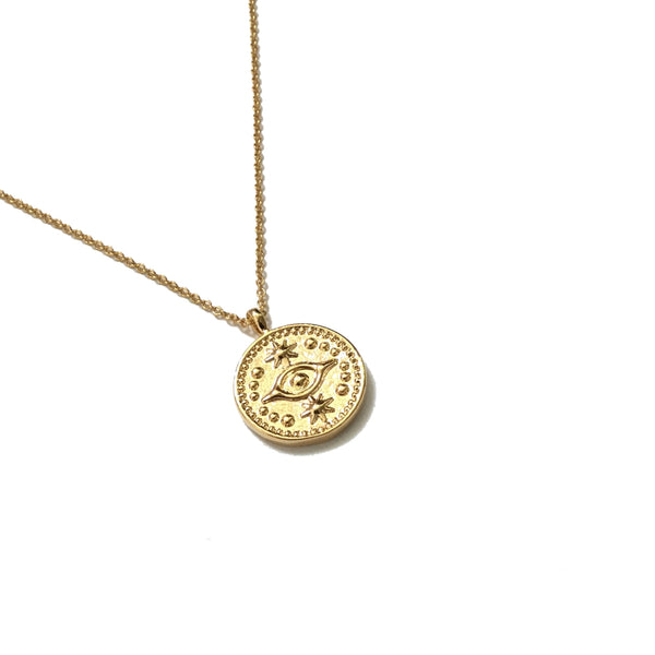 Gold plated evil eye medallion coin necklace