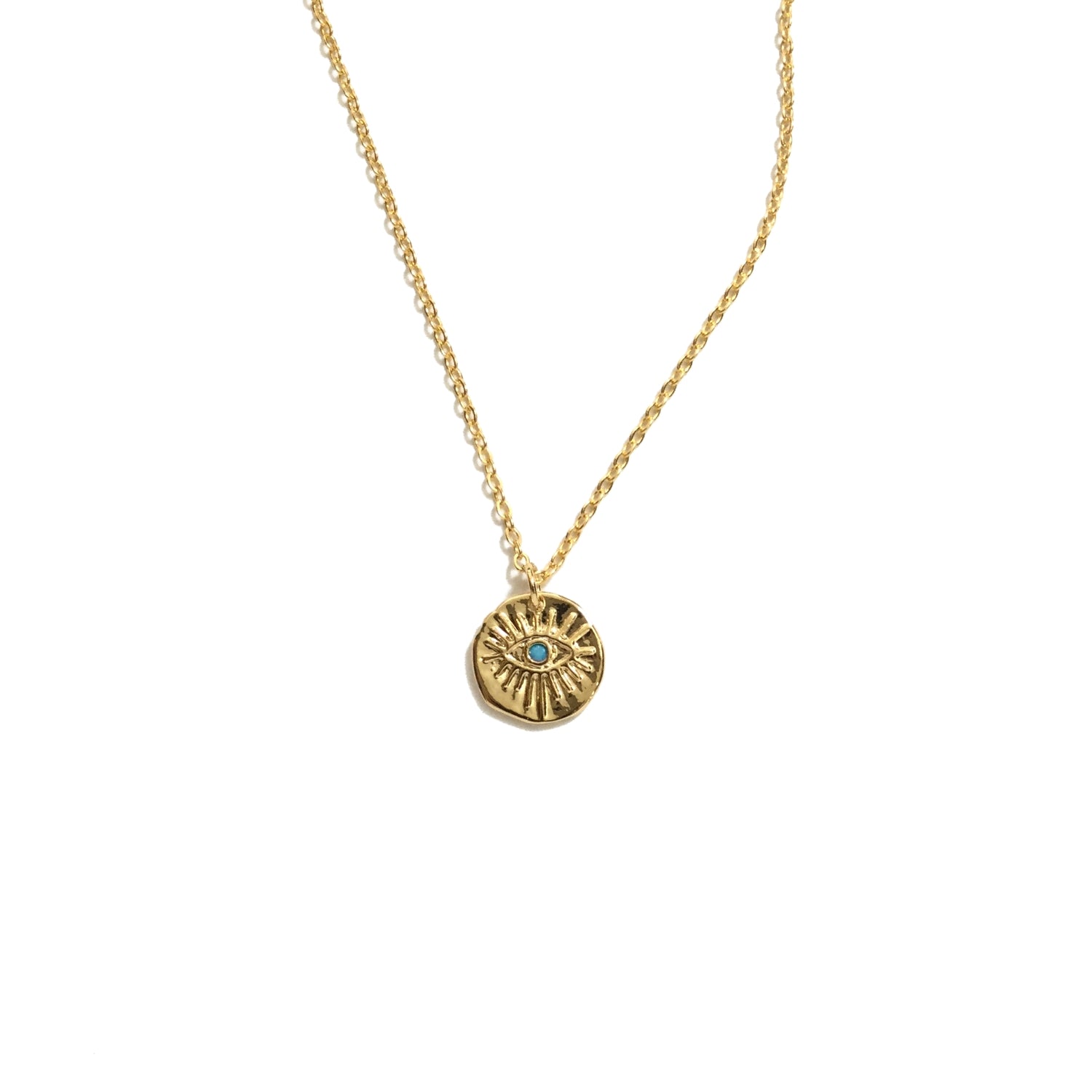 Gold plated evil eye turquoise bead coin necklace