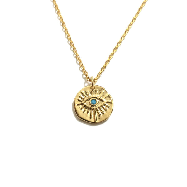 Gold evil eye turquoise stone medallion coin necklace
