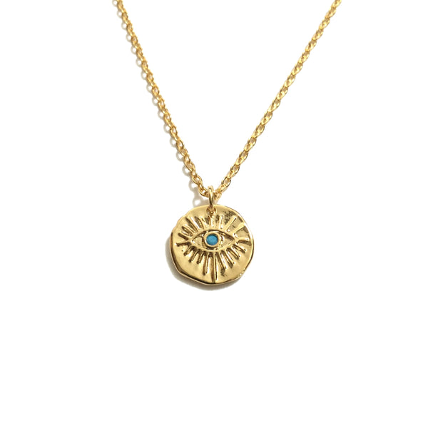 Gold plated evil eye with tiny turquoise stone coin necklace