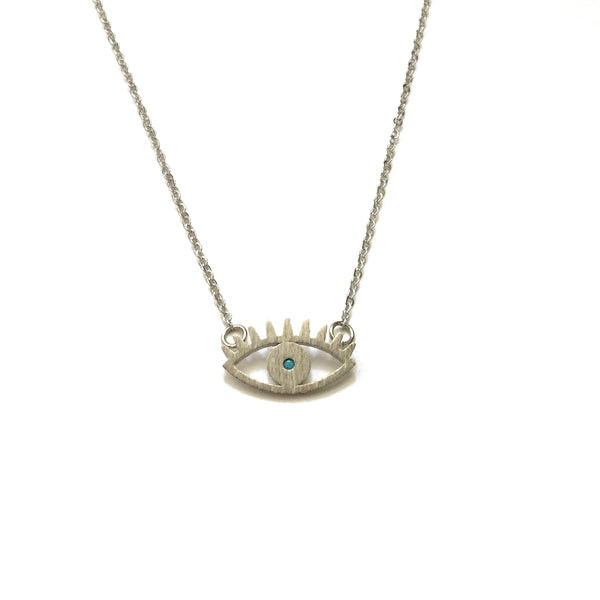 Silver plated matte evil eye with a tiny turquoise bead in the centre necklace