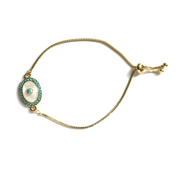 Turquoise evil eye mother of pearl adjustable bracelet