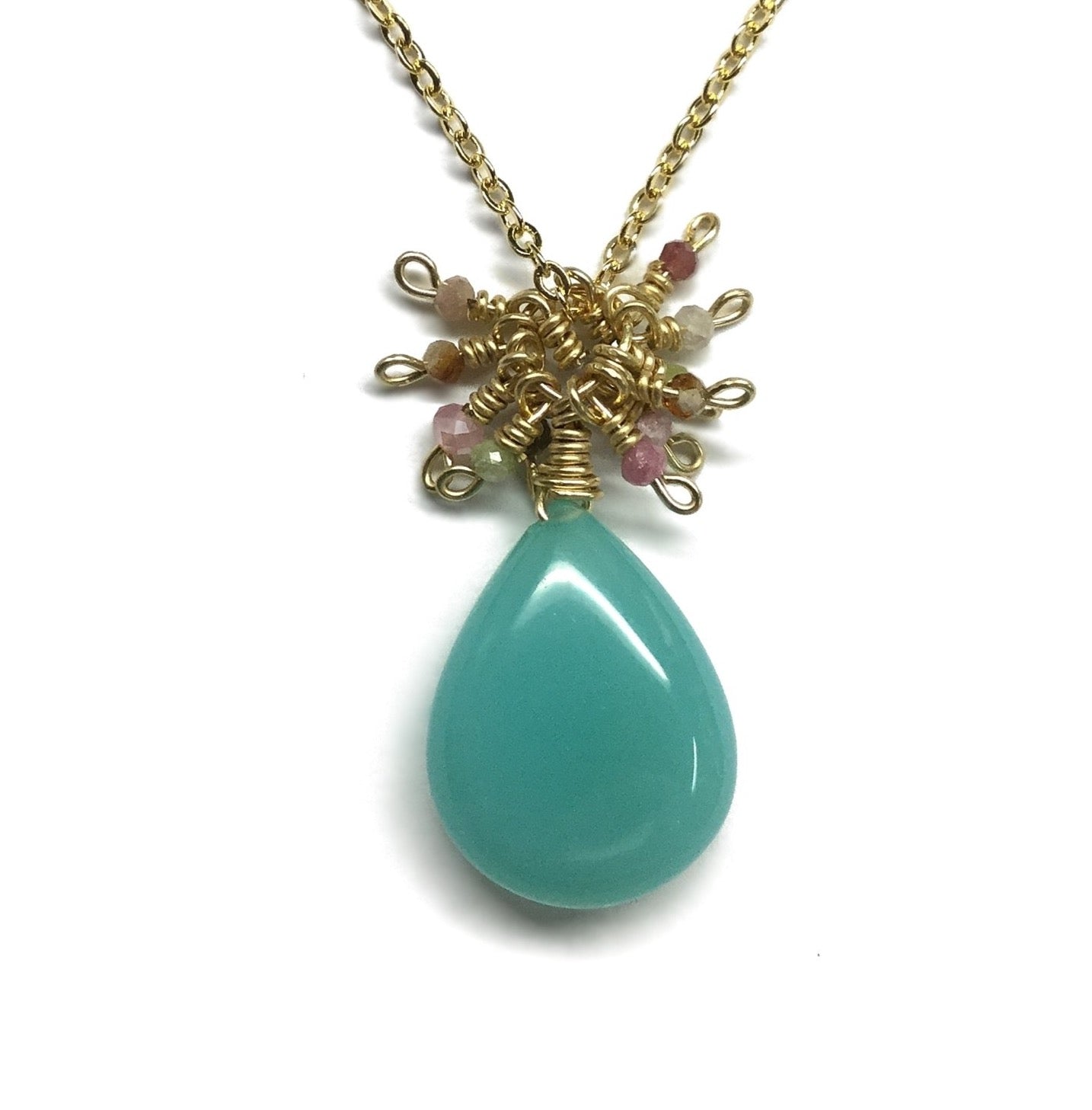 green chalcedony pink cluster gemstone necklace