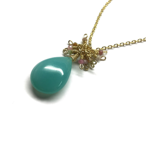 gemstone crystal green teardrop pink gold pendant necklace