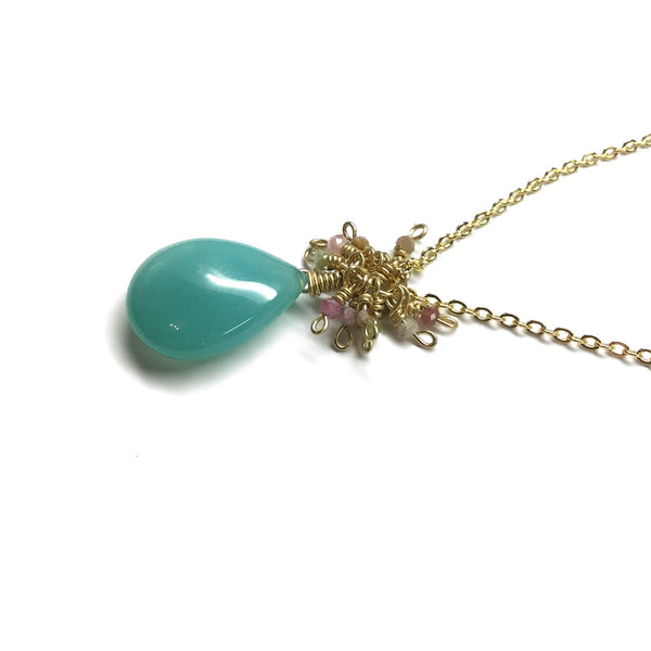 semi precious green chalcedony gemstone smooth teardrop tiny faceted pink cluster pendant necklace